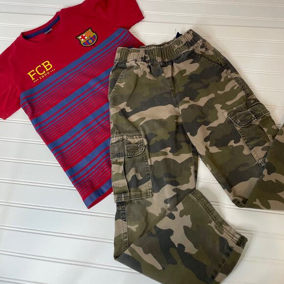 FCB Red & Blue Striped Crew Neck Tee Shirt & Place Camo Pants Boys Bundle Size 8 - Picture 1 of 6